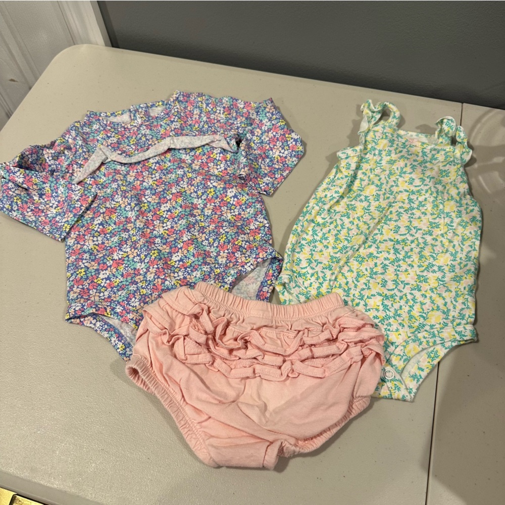 12 Month Bundle for Baby Girl: Diaper Cover, 2 Floral Onesies